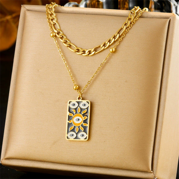 Wholesale Women's Fashion Stainless Steel Necklace And Earrings Set With Sun Devil's Eye Square Pendant And Stars Sun And Moon Clouds Cosmic Pattern Electroplated