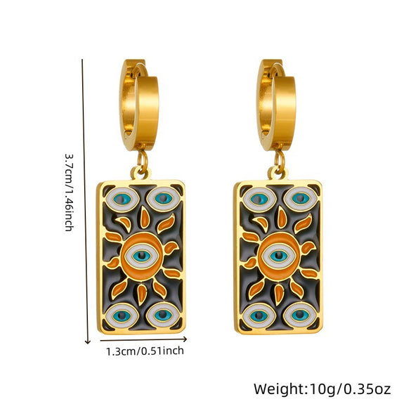 Wholesale Women's Fashion Stainless Steel Necklace And Earrings Set With Sun Devil's Eye Square Pendant And Stars Sun And Moon Clouds Cosmic Pattern Electroplated