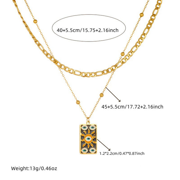 Wholesale Women's Fashion Stainless Steel Necklace And Earrings Set With Sun Devil's Eye Square Pendant And Stars Sun And Moon Clouds Cosmic Pattern Electroplated