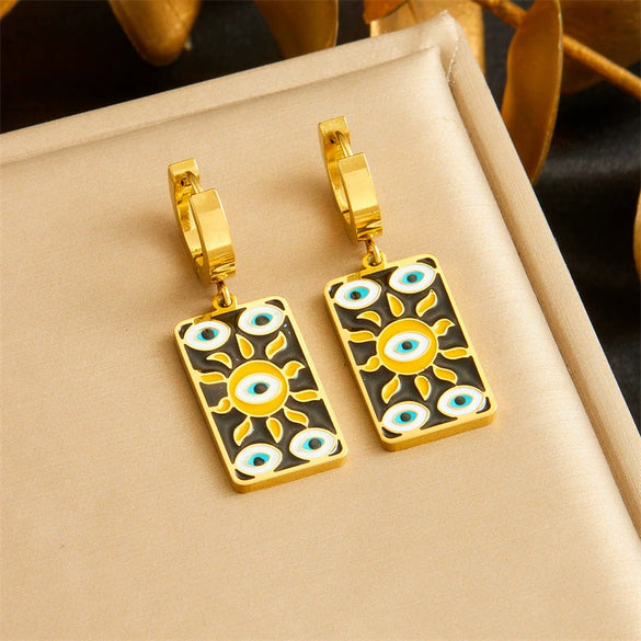 Wholesale Women's Fashion Stainless Steel Necklace And Earrings Set With Sun Devil's Eye Square Pendant And Stars Sun And Moon Clouds Cosmic Pattern Electroplated