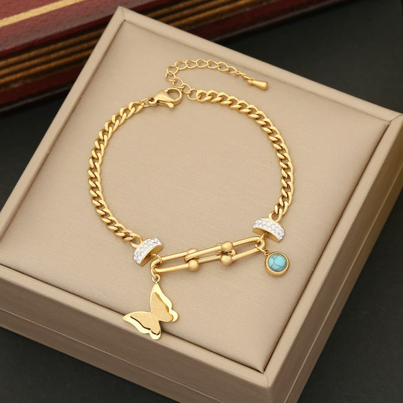 Wholesale Women's Fashion Stainless Steel Oil Dropping Flower Love Butterfly Bracelet With Heart And Flower Pattern Electroplated