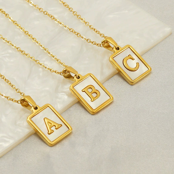 Wholesale Women's Fashion Stainless Steel Square Necklace With White Shell And Letter Design Gold Titanium Steel Electroplated Clavicle Chain