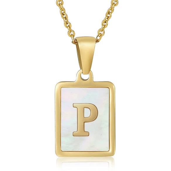 Wholesale Women's Fashion Stainless Steel Square Necklace With White Shell And Letter Design Gold Titanium Steel Electroplated Clavicle Chain