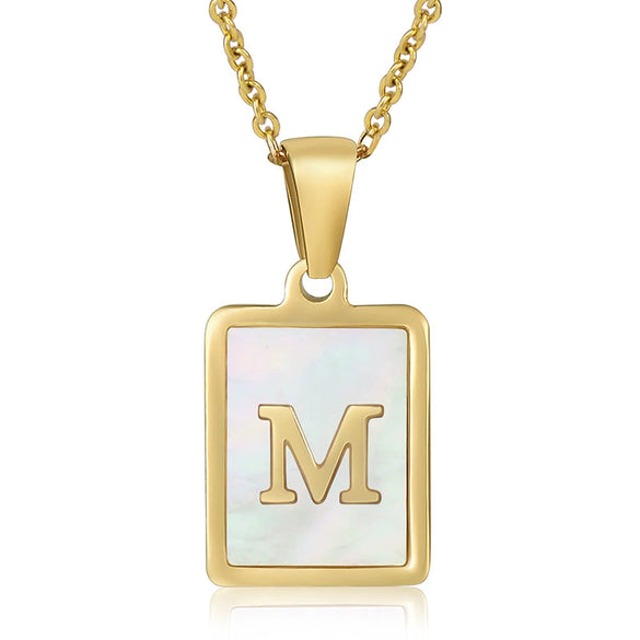 Wholesale Women's Fashion Stainless Steel Square Necklace With White Shell And Letter Design Gold Titanium Steel Electroplated Clavicle Chain
