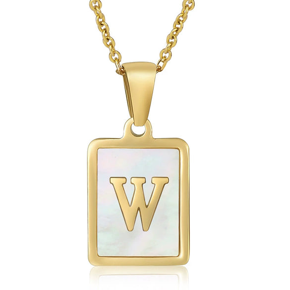 Wholesale Women's Fashion Stainless Steel Square Necklace With White Shell And Letter Design Gold Titanium Steel Electroplated Clavicle Chain