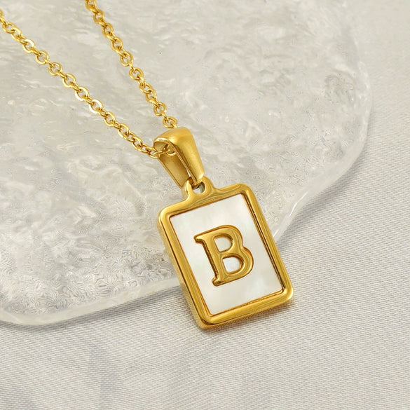 Wholesale Women's Fashion Stainless Steel Square Necklace With White Shell And Letter Design Gold Titanium Steel Electroplated Clavicle Chain