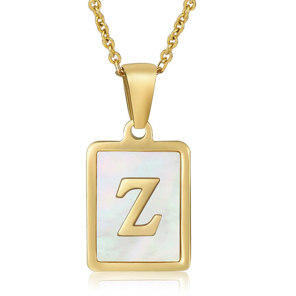 Wholesale Women's Fashion Stainless Steel Square Necklace With White Shell And Letter Design Gold Titanium Steel Electroplated Clavicle Chain