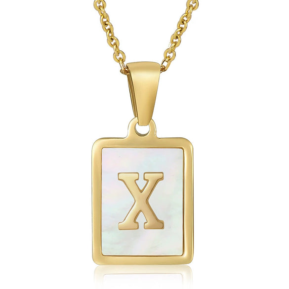 Wholesale Women's Fashion Stainless Steel Square Necklace With White Shell And Letter Design Gold Titanium Steel Electroplated Clavicle Chain