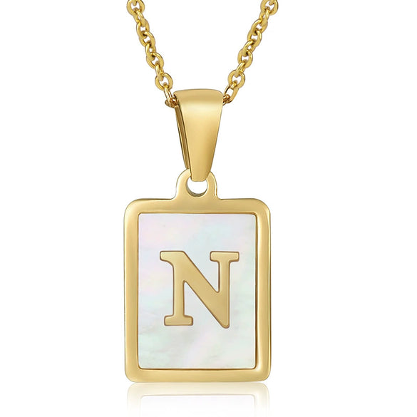 Wholesale Women's Fashion Stainless Steel Square Necklace With White Shell And Letter Design Gold Titanium Steel Electroplated Clavicle Chain