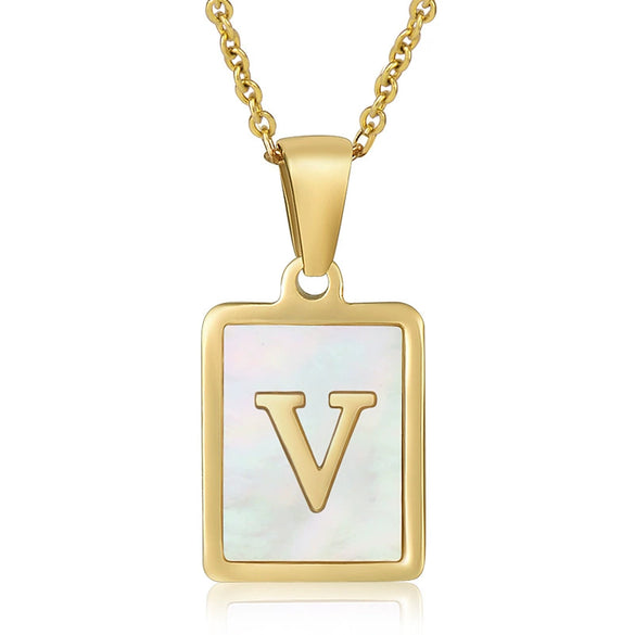 Wholesale Women's Fashion Stainless Steel Square Necklace With White Shell And Letter Design Gold Titanium Steel Electroplated Clavicle Chain