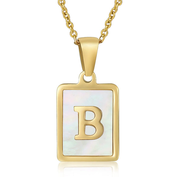 Wholesale Women's Fashion Stainless Steel Square Necklace With White Shell And Letter Design Gold Titanium Steel Electroplated Clavicle Chain