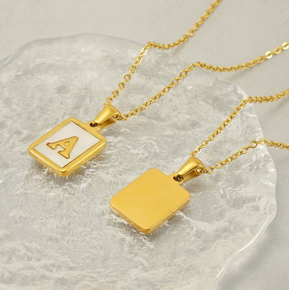 Wholesale Women's Fashion Stainless Steel Square Necklace With White Shell And Letter Design Gold Titanium Steel Electroplated Clavicle Chain