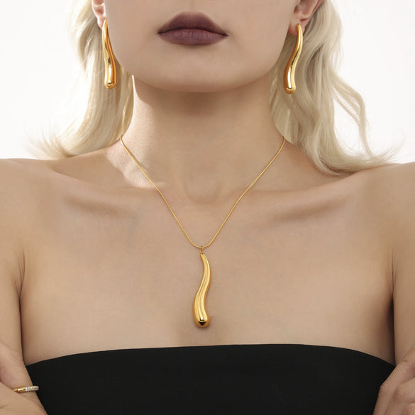 Wholesale Women's Fashion 316L Stainless Steel Water Drop Hollow Pendant Necklace And Earrings With Electroplating