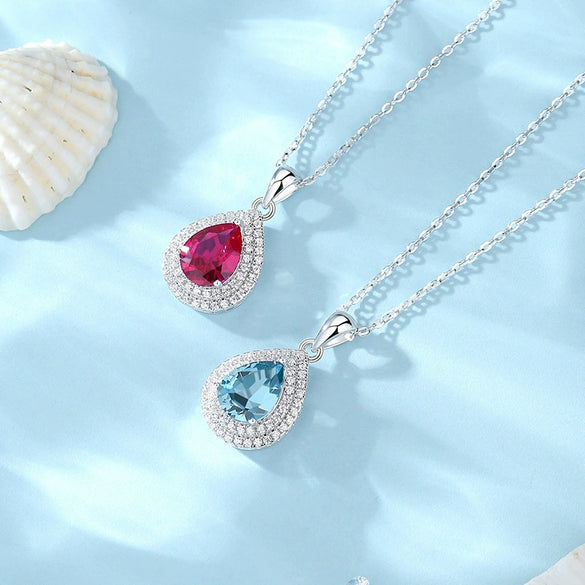 Wholesale Women's Fashion 925 Sterling Silver Water Drop Pendant Red Corundum Necklace With Cross Chain Simple Natural Style Diamond Design