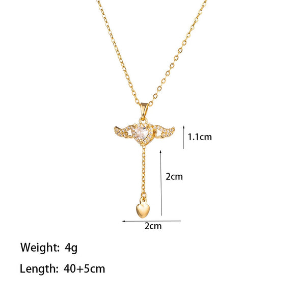 Wholesale Women's Fashion Titanium Steel And Copper Electroplated Heart Shape Micropaved Zirconia Angel Wings Pendant Necklace With O Word Chain Jewelry