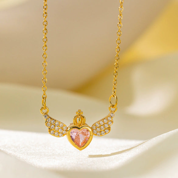 Wholesale Women's Fashion Titanium Steel And Copper Electroplated Heart Shape Micropaved Zirconia Angel Wings Pendant Necklace With O Word Chain Jewelry