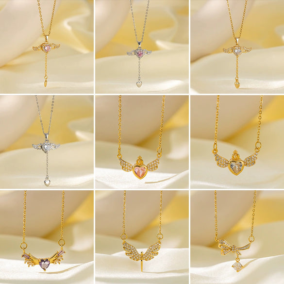 Wholesale Women's Fashion Titanium Steel And Copper Electroplated Heart Shape Micropaved Zirconia Angel Wings Pendant Necklace With O Word Chain Jewelry