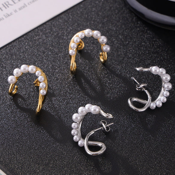 Wholesale Women's Fashion Titanium Steel Imitation Pearl Earrings With Irregular Shape And Electroplating Treatment