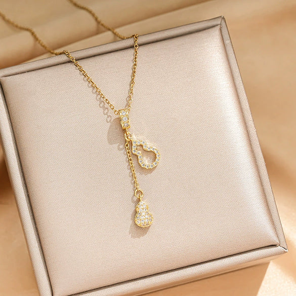 Wholesale Women's Fashion Titanium Steel Necklace With Copper Pendant And Real Gold Electroplated Tassel Gourd Design