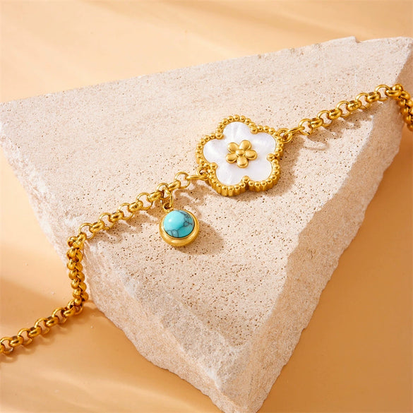 Wholesale Women's Fashion Vintage Goldplated Stainless Steel Fivepetal Flower Chain Bracelet