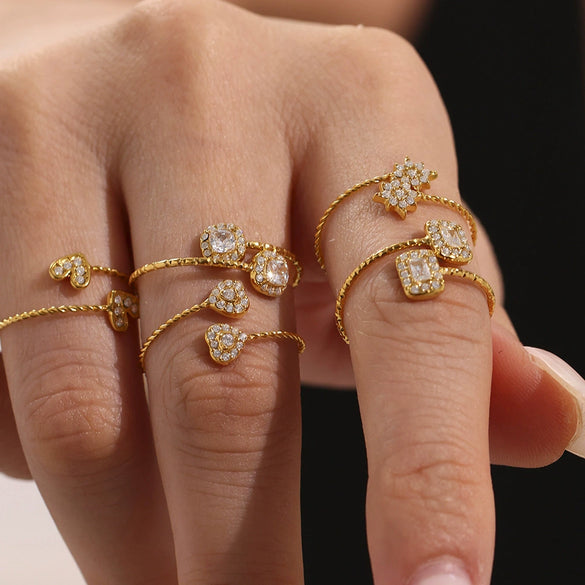 Wholesale Women's Fashionable And Versatile Geometric Heart Ferris Wheel Full Diamond Stainless Steel And Zircon 18K Gold Plated Index Finger Ring