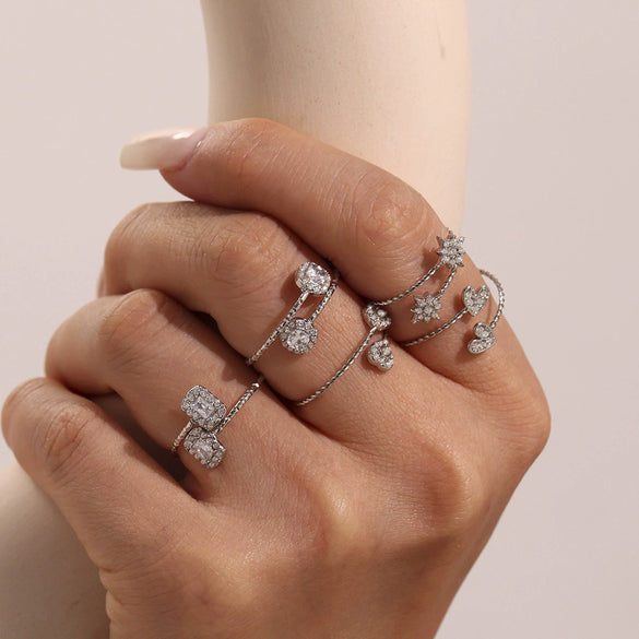 Wholesale Women's Fashionable And Versatile Geometric Heart Ferris Wheel Full Diamond Stainless Steel And Zircon 18K Gold Plated Index Finger Ring