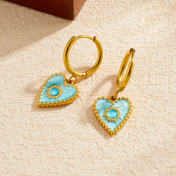 Wholesale Women's Fashionable Blue Heartshaped Goldplated Stainless Steel Earrings
