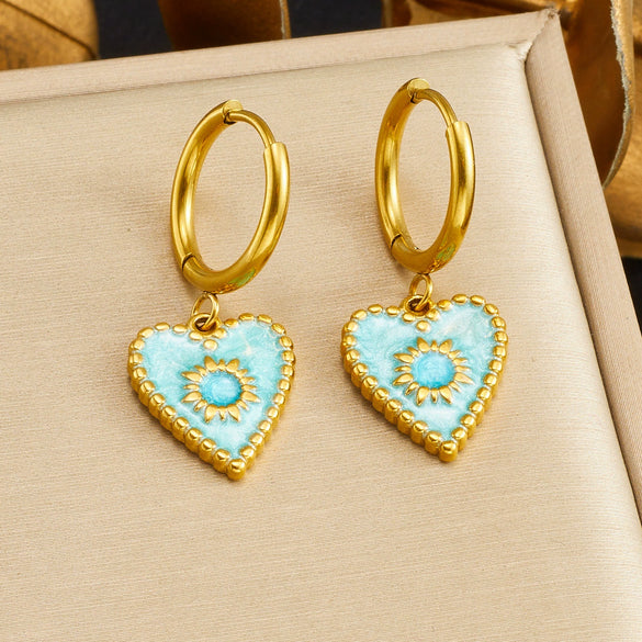 Wholesale Women's Fashionable Blue Heartshaped Goldplated Stainless Steel Earrings