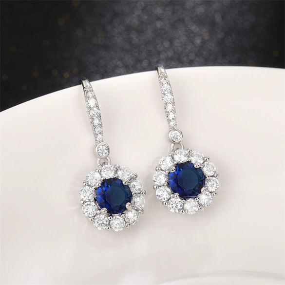 Wholesale Women's Fashionable Copper Long Earrings With Sapphire Blue Zircon And Flower Design