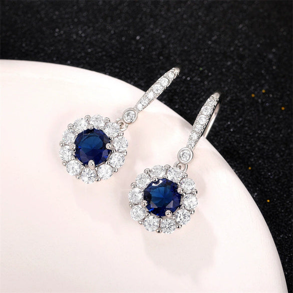 Wholesale Women's Fashionable Copper Long Earrings With Sapphire Blue Zircon And Flower Design