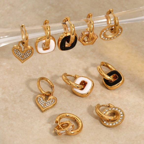 Wholesale Women's Fashionable Elegant Diamondstudded Heartshaped Geometric Stainless Steel 18K Gold Vacuum Real Gold Plated Earrings