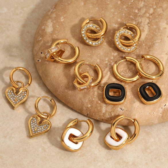 Wholesale Women's Fashionable Elegant Diamondstudded Heartshaped Geometric Stainless Steel 18K Gold Vacuum Real Gold Plated Earrings