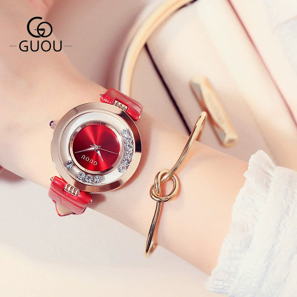 Wholesale Women's Fashionable Elegant Rhinestone Quartz Watch With Genuine Leather Strap And Alloy Case