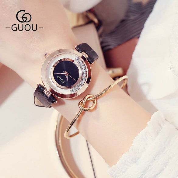 Wholesale Women's Fashionable Elegant Rhinestone Quartz Watch With Genuine Leather Strap And Alloy Case