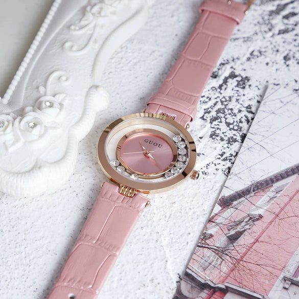 Wholesale Women's Fashionable Elegant Rhinestone Quartz Watch With Genuine Leather Strap And Alloy Case
