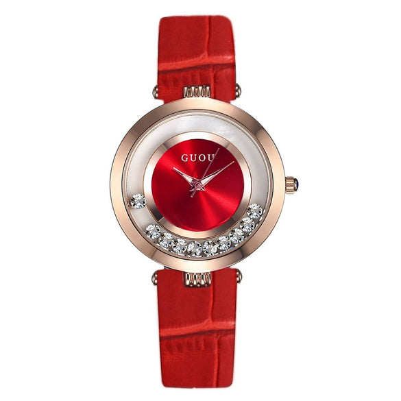 Wholesale Women's Fashionable Elegant Rhinestone Quartz Watch With Genuine Leather Strap And Alloy Case