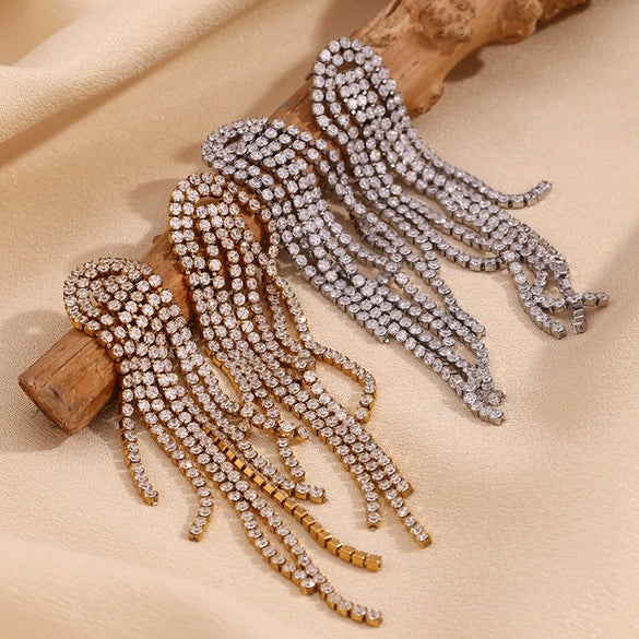 Wholesale Women's Fashionable Elegant Titanium Steel Electroplated 18K Gold Micropaved Zircon Tassel Geometric Earrings