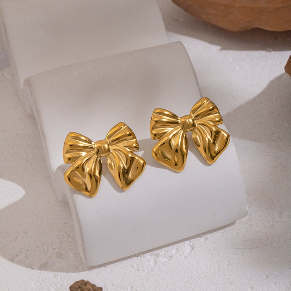 Wholesale Women's Fashionable Exquisite Gold Bow Tie Pleated Earrings Stainless Steel Pvd Furnace Vacuum Real Gold Plated