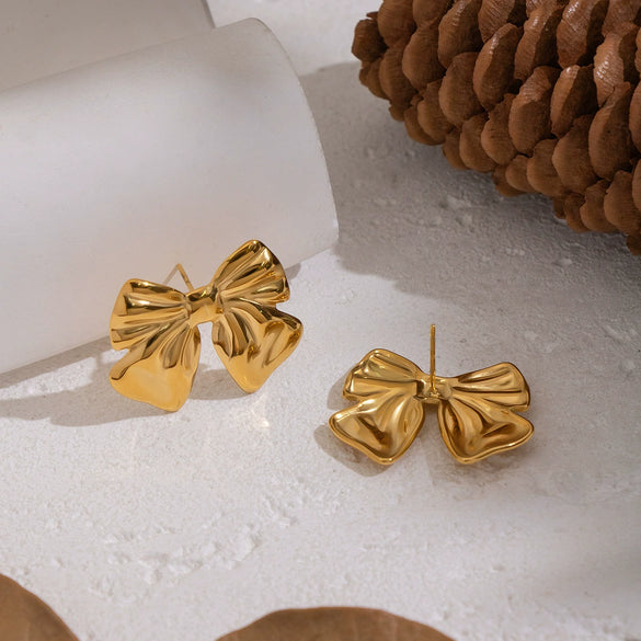 Wholesale Women's Fashionable Exquisite Gold Bow Tie Pleated Earrings Stainless Steel Pvd Furnace Vacuum Real Gold Plated