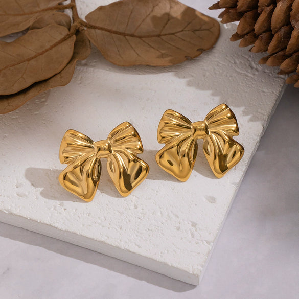 Wholesale Women's Fashionable Exquisite Gold Bow Tie Pleated Earrings Stainless Steel Pvd Furnace Vacuum Real Gold Plated
