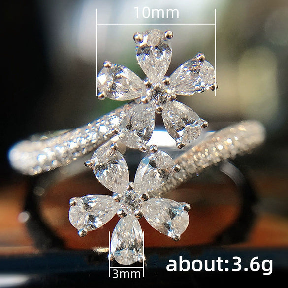 Wholesale Women's Fashionable Flower Ring Copper Simulated Zircon Water Drop Pearshaped Open Ring