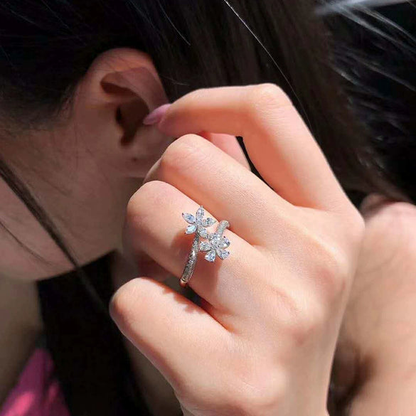 Wholesale Women's Fashionable Flower Ring Copper Simulated Zircon Water Drop Pearshaped Open Ring