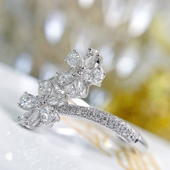 Wholesale Women's Fashionable Flower Ring Copper Simulated Zircon Water Drop Pearshaped Open Ring