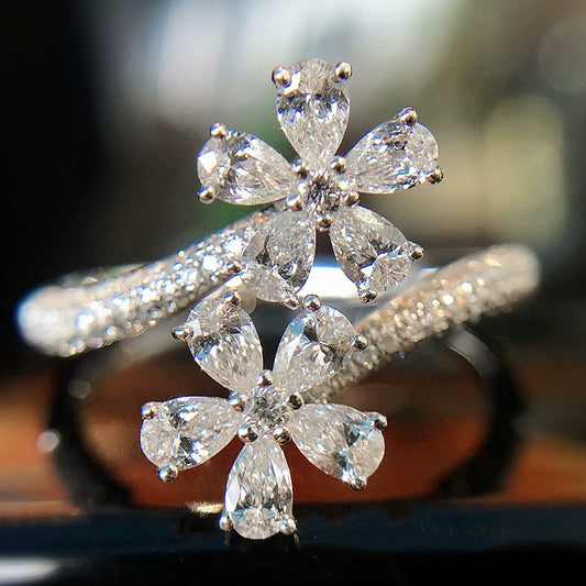 Wholesale Women's Fashionable Flower Ring Copper Simulated Zircon Water Drop Pearshaped Open Ring