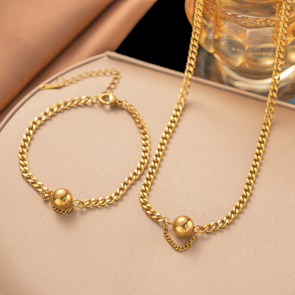 Wholesale Women's Fashionable Geometric Ball Titanium Steel Electroplated Jewelry Set With Twist Chain Necklace And Bracelet