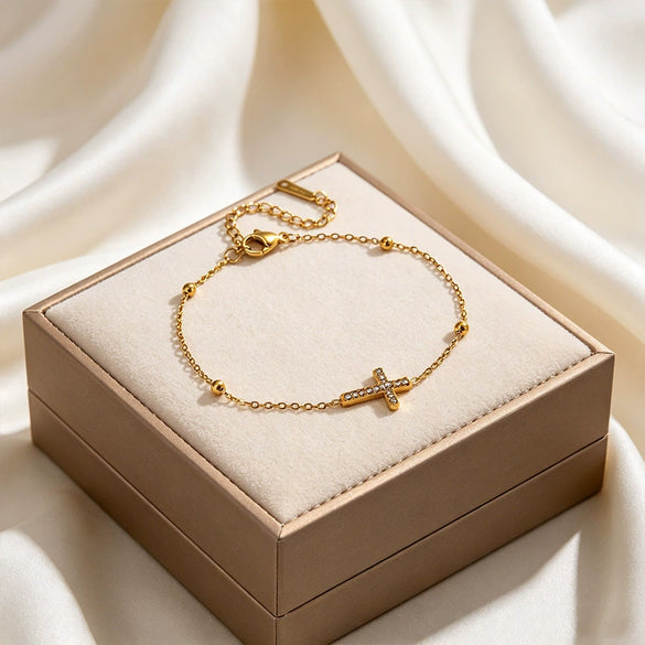 Wholesale Women's Fashionable Geometric Cross Stainless Steel Bracelet With 18K Gold Vacuum Plating And Diamond Encrustment