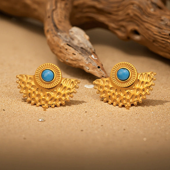Wholesale Women's Fashionable Geometric Ferris Wheel Peacock Fanshaped Natural Blue Turquoise Stainless Steel 18K Gold Plated Earrings