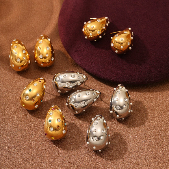 Wholesale Women's Fashionable Light Luxury Temperament Drop Shape Colored Diamond Pearl Stainless Steel Electroplated Earrings