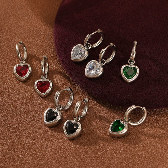 Wholesale Women's Fashionable Light Luxury Titanium Steel Earrings With Heart Shape And Inlaid Colored Diamond Electroplated