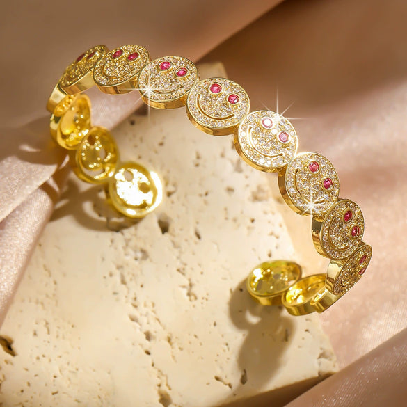 Wholesale Women's Fashionable Open Bracelet With Smiling Face Micro Inlaid Zircon Geometric Style Made Of Copper
